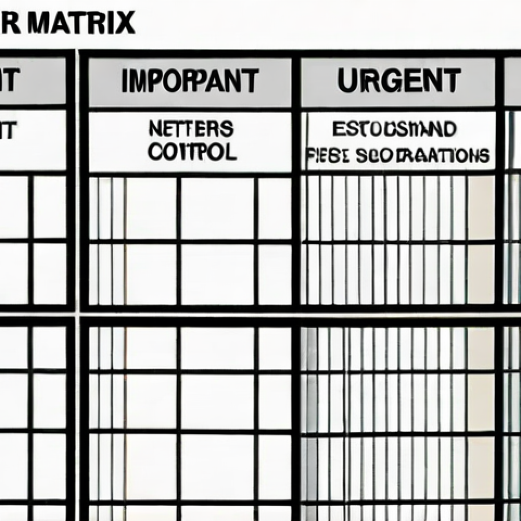 **

*   **Prompt:** Eisenhower Matrix visualized. Quadrants labeled "Urgent & Important," "Important Not Urgent," "Urgent Not Important," "Neither." A stressed solopreneur is sorting tasks, gaining clarity and control. Clean, modern design, productivity-focused.

**