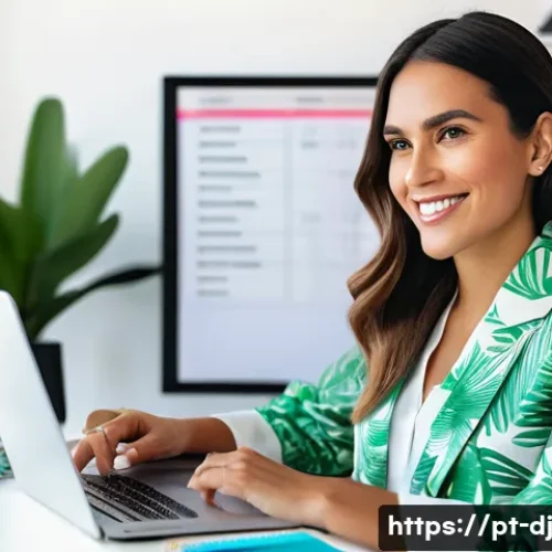 솔로프레너 네트워크의 디지털 마케팅 전략 - A professional Brazilian solopreneur woman sitting at a modern home office desk, surrounded by digit...